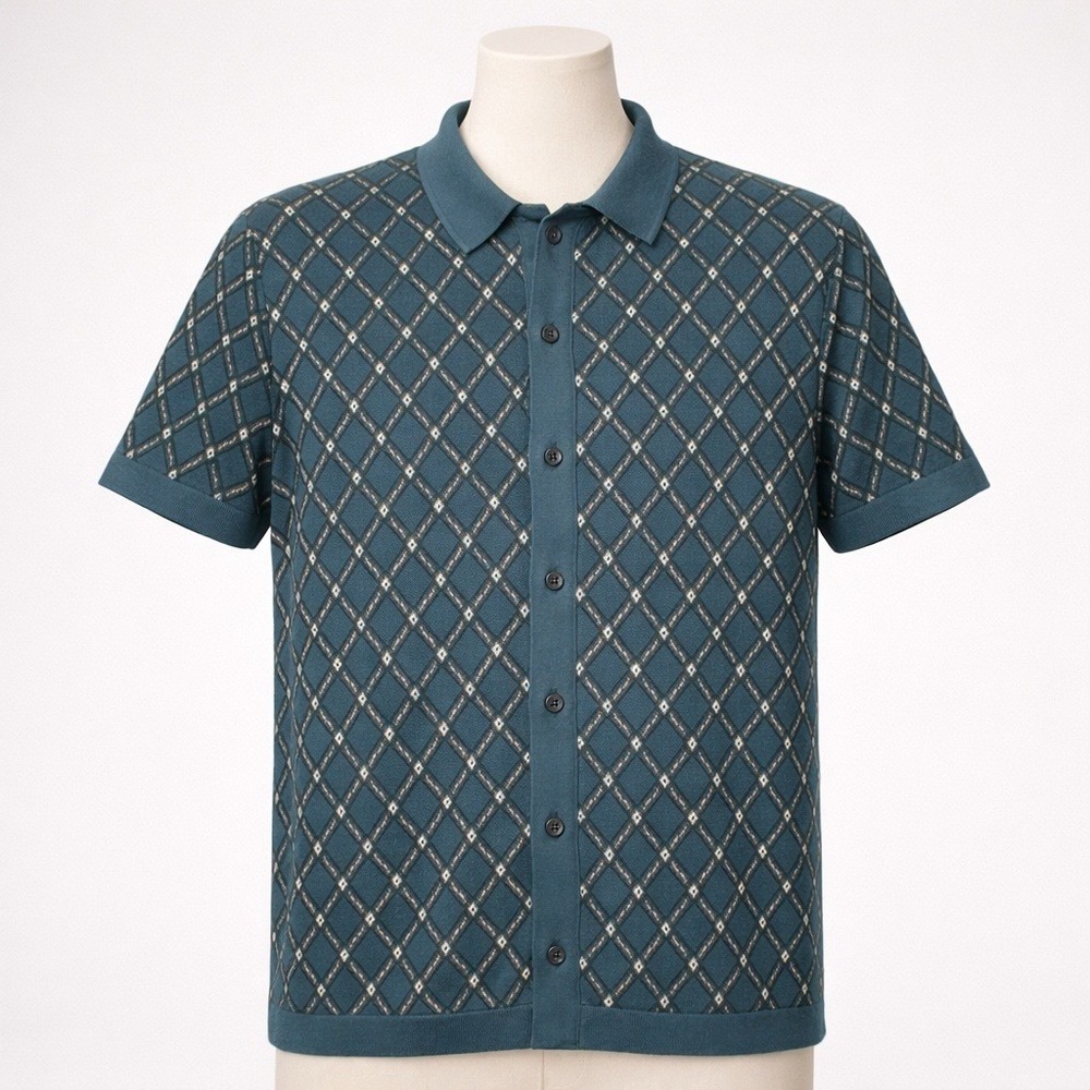 Abercrombie & Fitch Textured Knit Polo Blue‎ Diamond Pattern Short Sleeve SZ Med